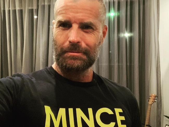 Pete Evans during Covid isolation wearing a ‘mince” T-shirt. Picture: Instagram