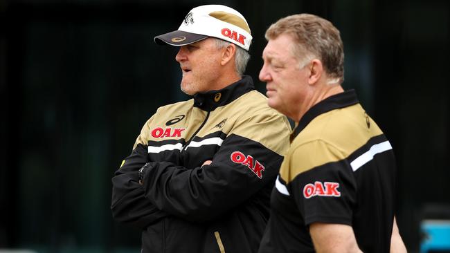 Anthony Griffin and Phil Gould watch on during the Penrith Panthers training on Wednesday. Picture: Gregg Porteous