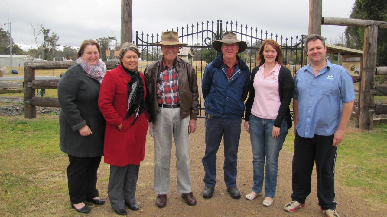 RAIL TRAIL: South Burnett Regional Councillors Debbie Palmer and Cheryl Dalton, Reg McCallum, Kerry Mercer, South Burnett Regional Council community and cultural services project officer Anna Grundy and Evolution Studios Shayne Cantly launched the Brisbane Valley Rail Trail (BVRT) oral histories project this week. Photo Katrina Scott / South Burnett Times