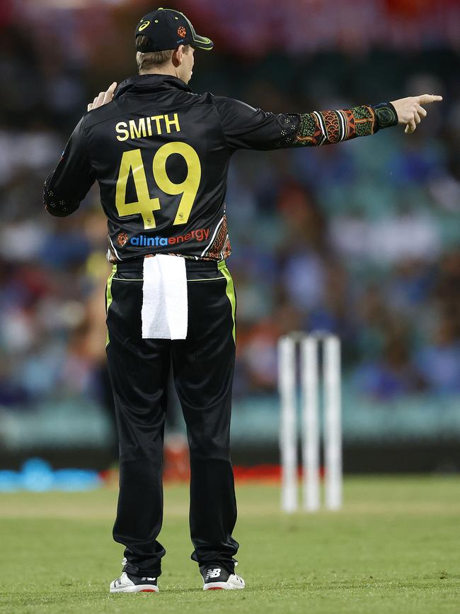 Steve Smith directing the field during the T20 International between Australia and India at the SCG. Picture: Phil Hillyard