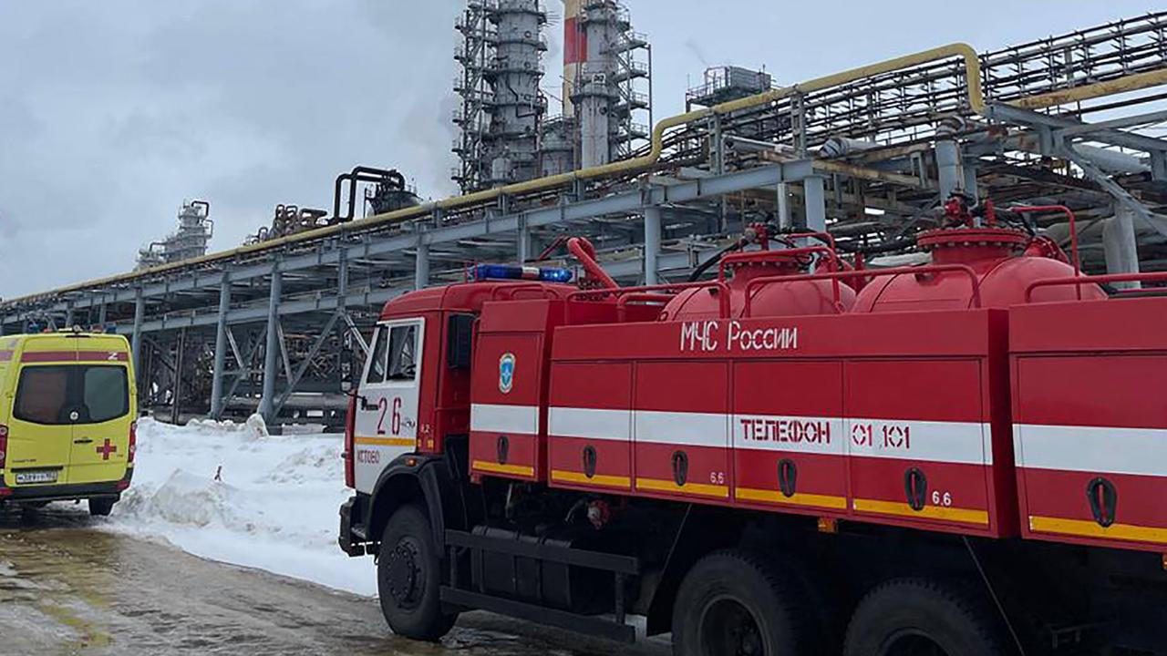 Emergency vehicles at the scene of a fire on the grounds of a fuel and energy complex in the town of Kstovo, about 450 kilometres east of Moscow, following a drone attack. Picture: Handout / Telegram / @glebnikitin_nn / AFP