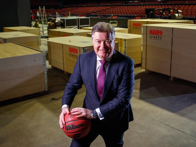 Adelaide 36ers’ owner Grant Kelley with the timber flooring ready to go down at the Entertainment Centre in 2019. Picture: Matt Turner