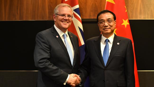 Scott Morrison and Premier of the State Council of the People's Republic of China Li Keqiang at a bilateral meeting in 2018. Picture: AAP.