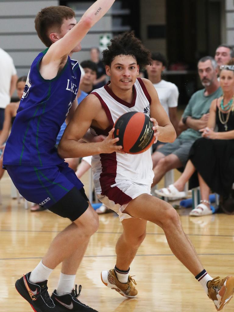 Basketball Australia Schools Championships at Carrara. Mens open final, Lake Ginninderra College Lakers V TSS (in white). Jaylen Pitman from TSS tormented the Lakers defence in the final. Picture Glenn Hampson