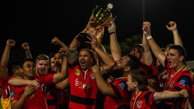 JCU Mariners celebrate winning the FNQ Rugby Rainforestation Cup. Picture: Emily Barker