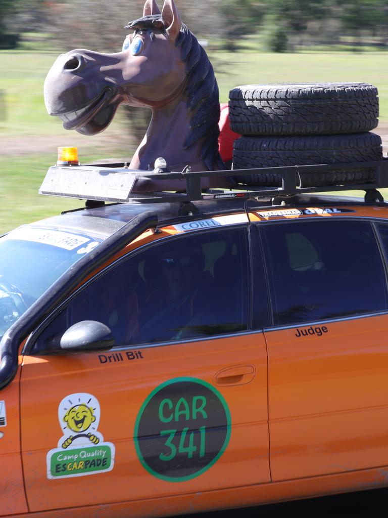 Camp Quality’&#149;s signature motoring event, esCarpade welcomed 50+ themed cars to Barwon Valley Fun Park in Geelong on Saturday, including homages to Mario Bros, Superheroes, Smurfs, Simpsons, Incredibles and many more. Here the line up of contestants arrive. Picture: Mark Wilson