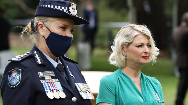 Commissioner Katarina Carroll and Jacqueline Goodwin at the National Police Remembrance Day, Brisbane Botanical Gardens. Picture: Liam Kidston