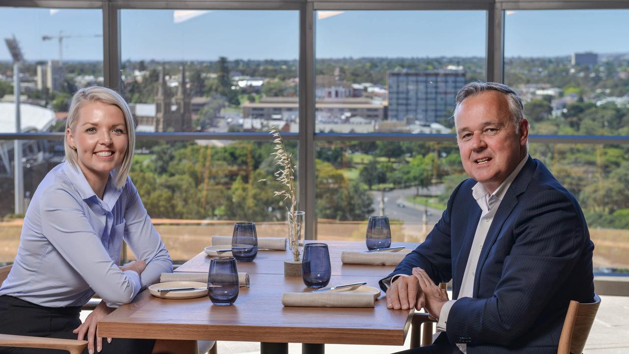 First look at the SkyCity casino and hotel expansion, Wednesday November 25, 2020. Hotel General Manager at Eos by SkyCity Jodi Brown and SkyCity Adelaide General Manager David Christian in the Sol Bar &amp; Restaurant. Photo: Brenton Edwards