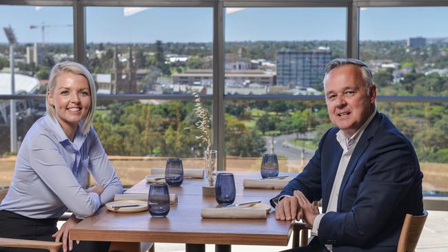 First look at the SkyCity casino and hotel expansion, Wednesday November 25, 2020. Hotel General Manager at Eos by SkyCity Jodi Brown and SkyCity Adelaide General Manager David Christian in the Sol Bar & Restaurant. Photo: Brenton Edwards