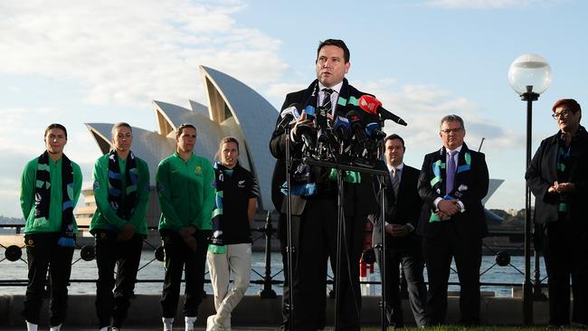 FFA boss James Johnson addresses the media in Sydney after Australia’s and New Zealand’s successful World Cup bid Picture: Getty Images