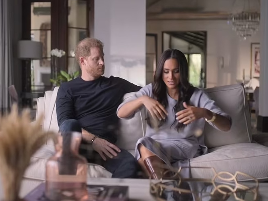 Harry and Meghan filmed at their Montecito mansion. Picture: Netflix screenshot/supplied