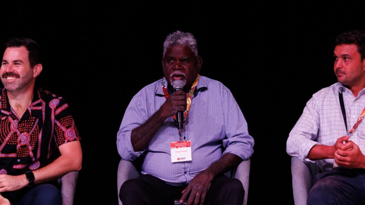 NT Attorney-General and Treaty Minister Chansey Paech and Mulka MLA Yingiya Guyula at the NT Treaty Symposium at Darwin on Monday April 8.