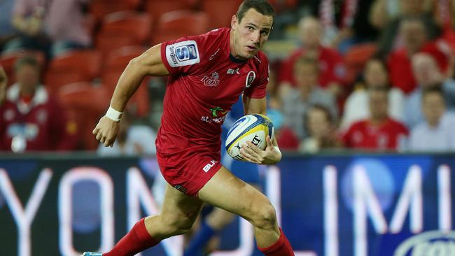 Reds Mike Harris scores. The Queensland Reds vs the Melbourne Rebels at Suncorp Stadium in Brisbane. Pic Peter Wallis