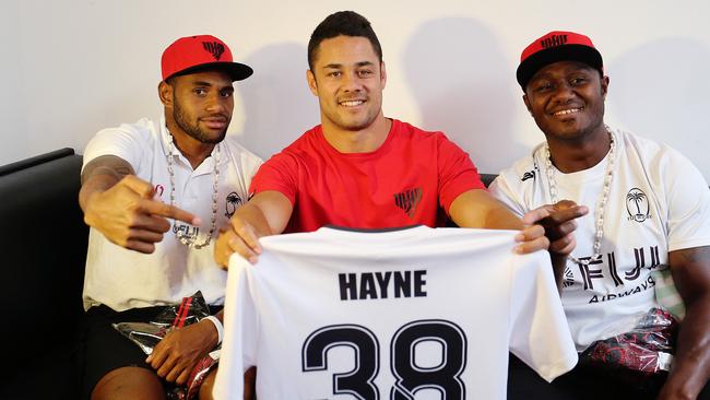 Jarryd Hayne meets the Fiji sevens team in Sydney.