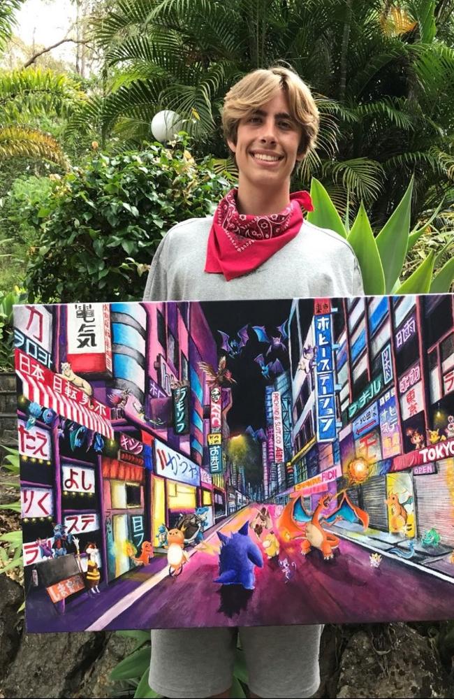 Kenmore's Jensen Dean with the painting he sold to Logan Paul.