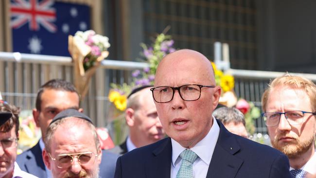 Opposition Leader Peter Dutton, who visited the Adass Israel Synagogue on Monday, later declared he would only stand in front of the Australian flag if he is elected PM. Picture: NewsWire / Brendan Beckett