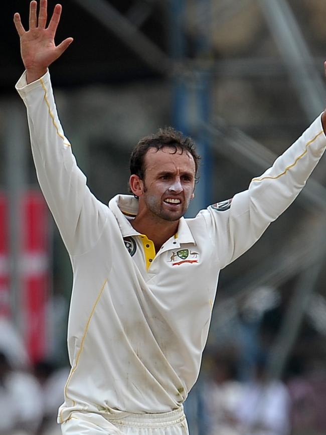 Nathan Lyon appeals for a wicket during his memorable Test debut.