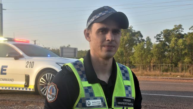 NT Police Detective Sergeant Jeshua Kelly attended a crash scene on Tiger Brennan Dr, Friday June 9, 2023. Picture: Sierra Haigh