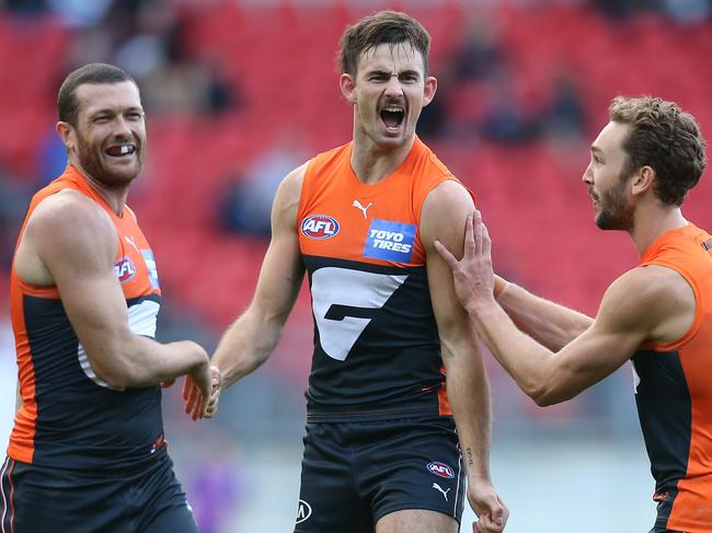 SYDNEY, AUSTRALIA - MAY 23: Zach Sproule of the Giants celebrates kicking a goal during the round 10 AFL match between the Greater Western Sydney Giants and the West Coast Eagles at GIANTS Stadium on May 23, 2021 in Sydney, Australia. (Photo by Jason McCawley/Getty Images)