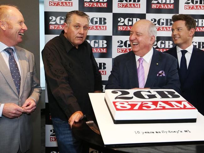 Greenwood, (l to r) Ray Hadley, Alan Jones and Ben Fordham celebrating 2GB’s 10 years at number one in 2014. Picture John Feder