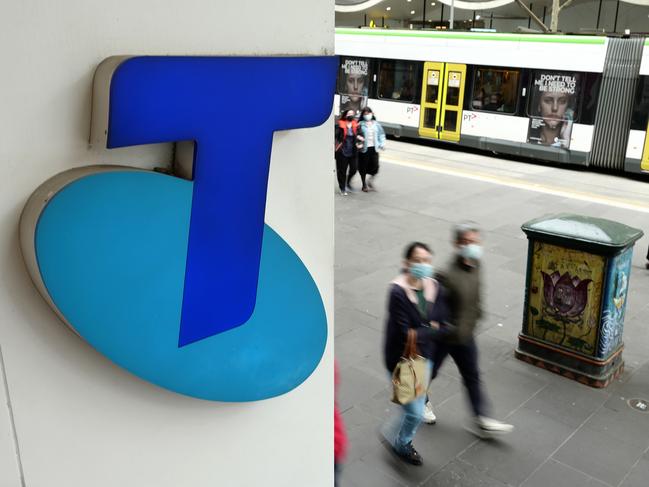 MELBOURNE, AUSTRALIA - NewsWire Photos OCTOBER 4, 2022. Generic photo people walking past the Telstra logo in Melbourne..Picture: NCA NewsWire / Luis Enrique Ascui