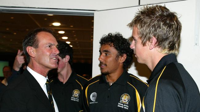 Richmond coach Terry Wallace speaks to two of his Draft picks Brett Deledio and Richard Tambling. AFL DRAFT 2004.