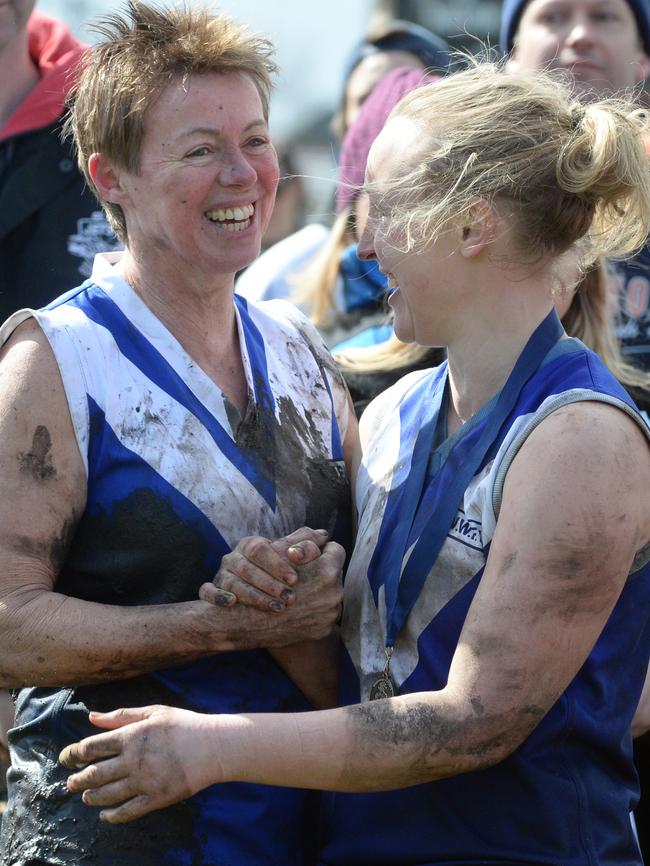 Sunbury coach Kerry Saunders and captain Simone Craige celebrate their grand final win.