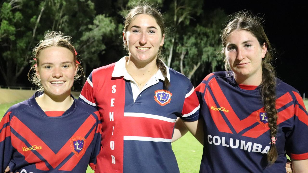 Maria Wilson (middle) with fellow Columba Catholic College Charters Towers students Imogen Ruyg (left) and Bridget Wilson (right) have been selected to join the North Queensland Cowboys Female Academy in 2023.