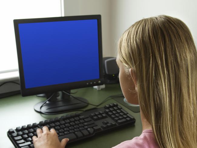 Caucasian pre-teen girl using computer and looking at monitor.