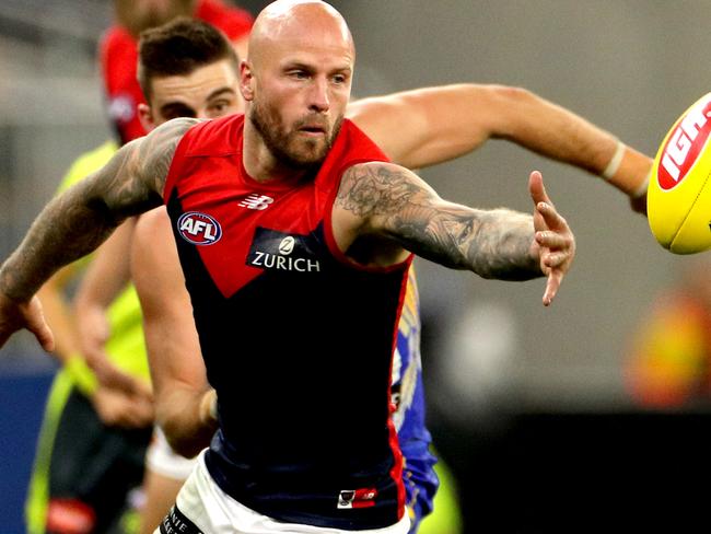 Nathan Jones of the Demons in action during the Round 9 AFL match between the West Coast Eagles and the Melbourne Demons at Optus Stadium in Perth, Friday, May 17, 2019.  (AAP Image/Richard Wainwright) NO ARCHIVING, EDITORIAL USE ONLY