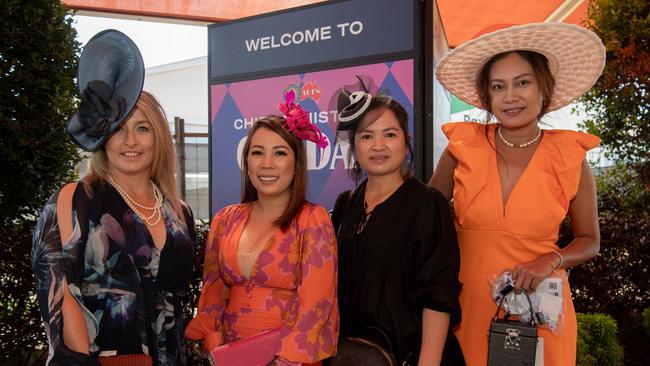 Gwyneth Lane, Amy Tran, Jenny Lieu and Ratree Vou at the Chief Minister's Cup Day at the Darwin Turf Club on Saturday, July 13. Picture: Pema Tamang Pakhrin