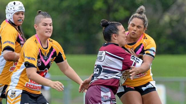 RUGBY LEAGUE: Central Division 47th Battalion Memorial Trophy Carnival, Bundaberg's Jazzman Melling being tackled. Picture: Patrick Woods