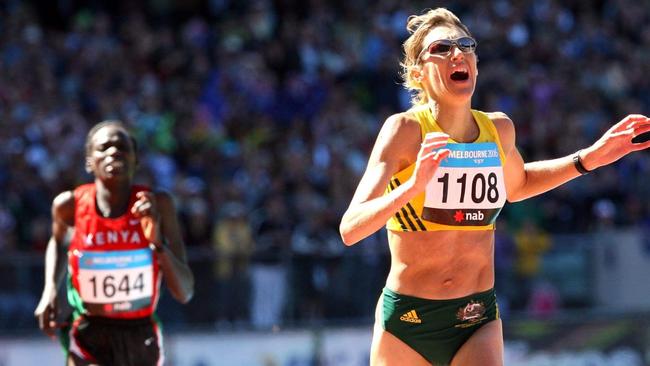 The late Kerryn McCann outsprinting Kenya’s Hellen Cherono Koskei to win the marathon at the MCG during 2006 Commonwealth Games