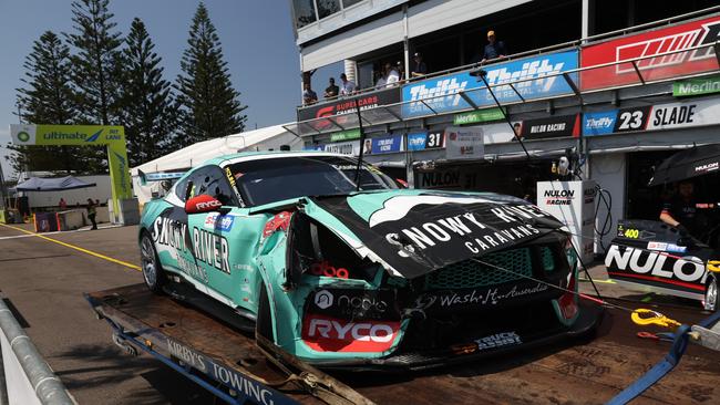 James Courtney's damaged Tickford Racing Ford Mustang at the Supercars season opener at Newcastle. Picture: Mark Horsburgh