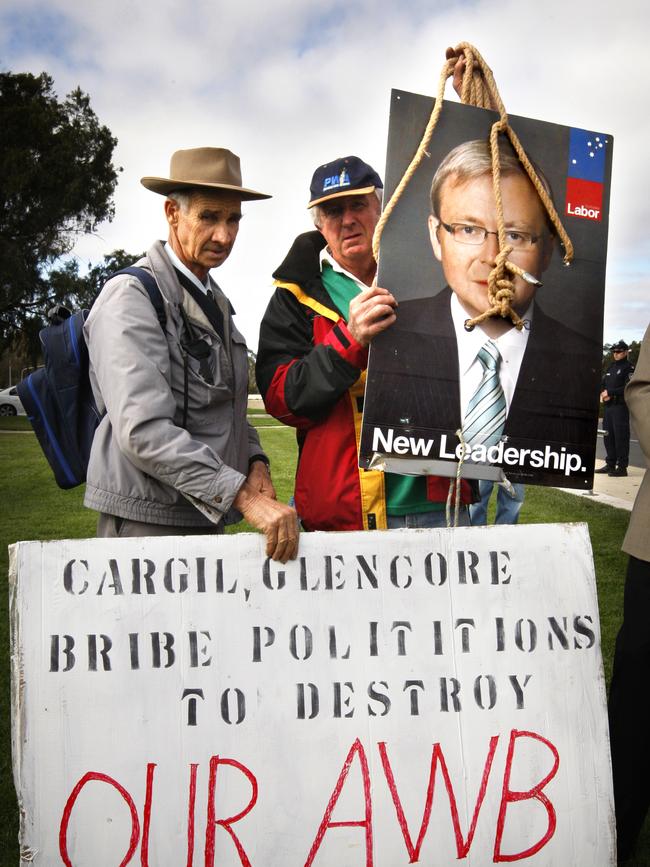 Wheat farmers protest in front of Parliament House in Canberra support of retaining the single desk.