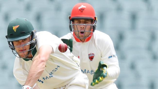 Beau Webster of the Tigers bats during day four of the Marsh Sheffield Shield match between South Australia and Tasmania at Adelaide Oval in Adelaide, Thursday, November 14, 2019. (AAP Image/David Mariuz)