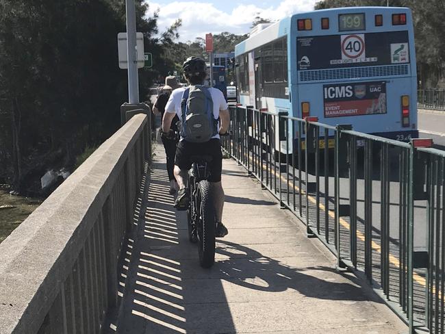 Narrabeen Bridge on Pittwater Rd, crossing Narrabeen Lagoon. The narrow path, shared by pedestrians and bike riders, has been a source of conflict. File picture: Jeremy Piper