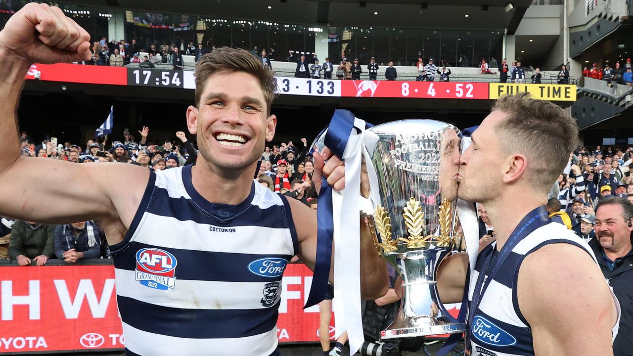 Tom Hawkins (left) will retire at the end of the season after playing in three premierships for Geelong. Picture: David Caird