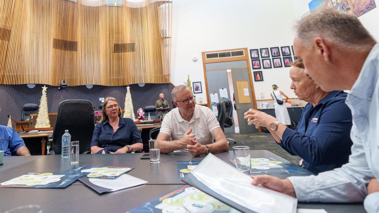 A private meeting in the Mount Isa City Council chamber, between councillor John Tully, Resources Minister Catherine King, Prime Minister Anthony Albanese, Deputy Mayor Kim Coghlan, and CEO Tim Rose. Picture: Prime Minister’s Office