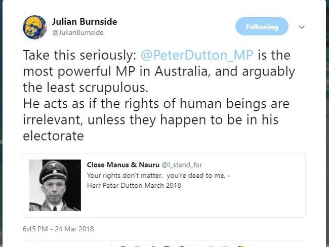 Julian Burnside’s tweet regarding Peter Dutton.