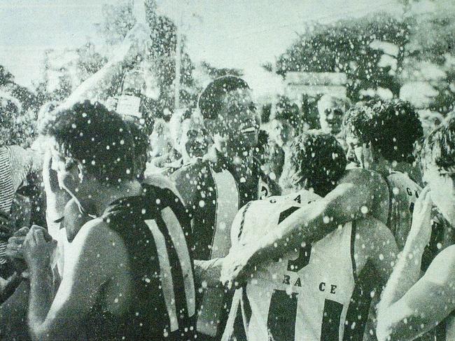 A file pic from the Frankston Standard 30/11/1987: Edi-Asp celebrate their win over Rosebud in the MPNFL div 2 1987 grand final. A young Aaron Martello is all smiles.