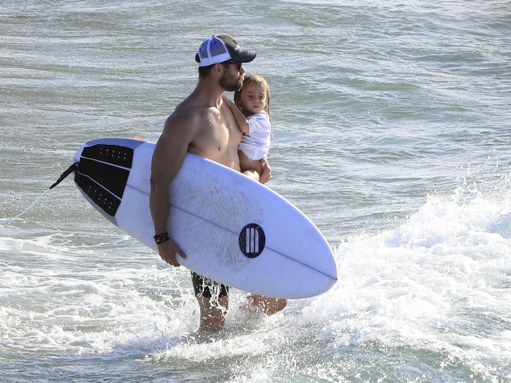 Chris Hemsworth and wife, Elsa Pataky, enjoy an afternoon at the beach in Byron Bay with their twin sons, Tristan and Sasha. <br/>3 March 2017. Picture: Media-Mode