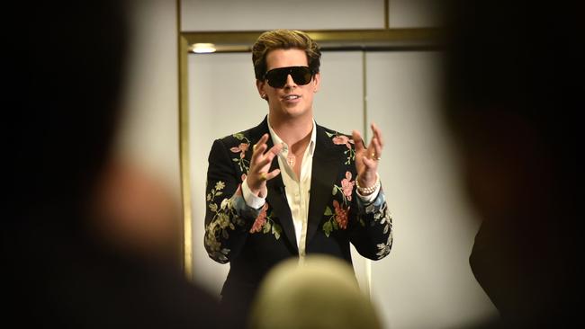 Enemy of the “establishment elites” Milo Yiannopoulos. In Gucci jacket. Speaking to powerbrokers at Parliament House. (Pic: Mark Graham/AAP)