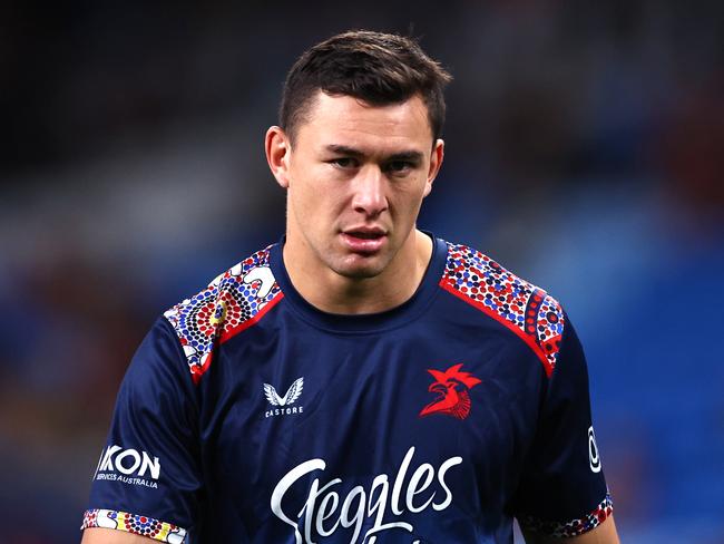 SYDNEY, AUSTRALIA - AUGUST 12: Joseph Manu of the Roosters warms up prior to the round 24 NRL match between Sydney Roosters and Dolphins at Allianz Stadium on August 12, 2023 in Sydney, Australia. (Photo by Jeremy Ng/Getty Images)