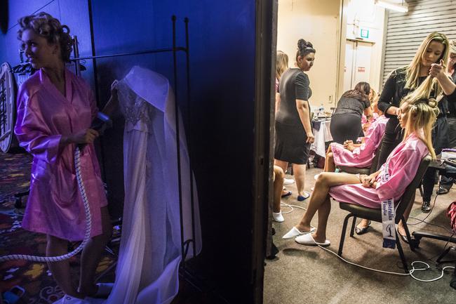 Miss Universe Australia Behind the scenes at the Sofitel Hotel on Collins. Miss Universe hopefuls nervously prepare before going on stage in front of hundreds of people hoping to be chosen as the next Miss Universe.