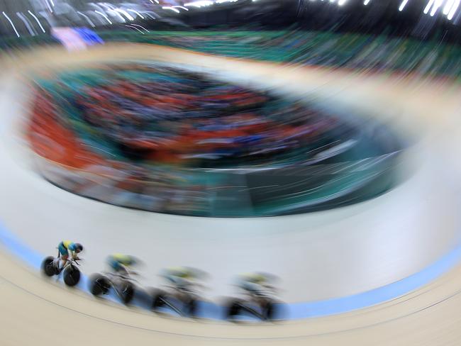 Annette Edmondson, Amy Cure, Melissa Hoskins and Georgia Baker in the women’s team persuit at the velodrome. Picture: Alex Coppel
