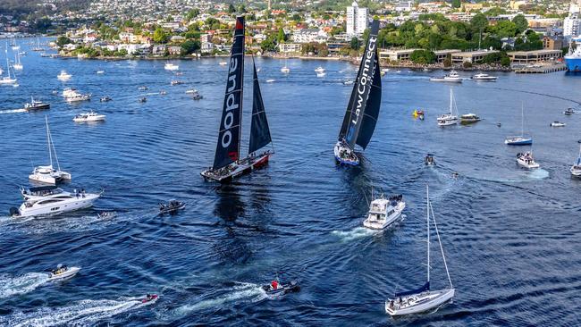 LawConnect and Andoo Comanche near the finish line of the 2023 Sydney to Hobart. Picture: AFP Rolex/ Andrea Francolini