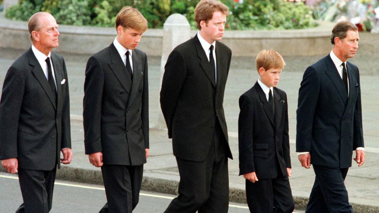 Prince Philip, Prince William, Earl Spencer, Prince Harry and Prince of Wales walking behind Diana’s coffin at her funeral in 1997. Picture: AFP.