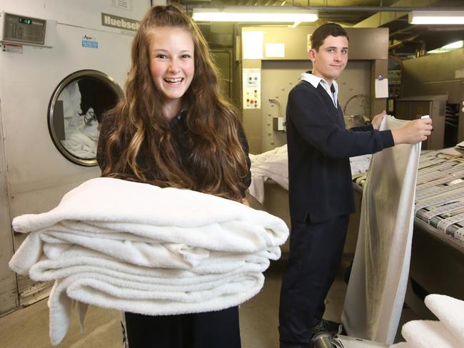 Ashleigh Winnard and Zane Anderson doing work experience at Hilton Sydney. Picture: Bob Barker