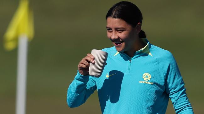 Happy captain Sam Kerr during Matildas training in Brisbane on Sunday. Picture: Chris Hyde/Getty Images